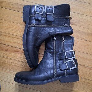 Charles David black leather combat moto boots featuring a double zipper and doub